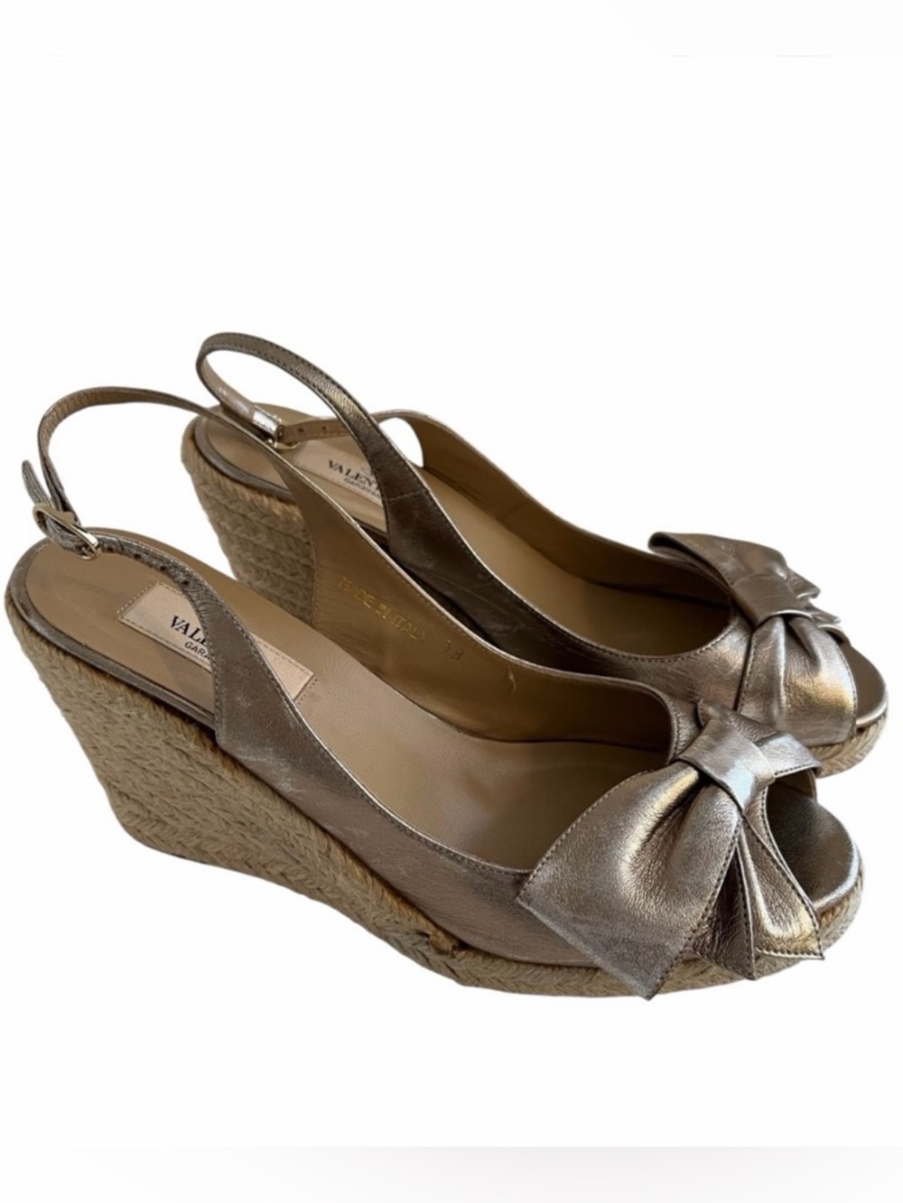 Valentino Gold Metallic Bow Detail Wedge Espadrille Sandals 38(7.5-8)